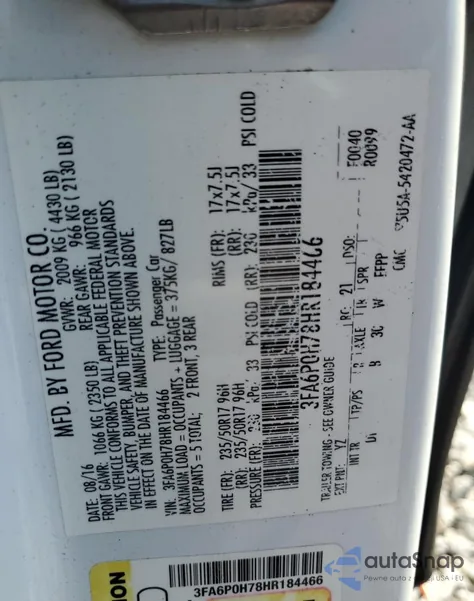 2017 Ford Fusion Se z USA, uszkodzony, nr VIN 3FA6P0H78HR184466